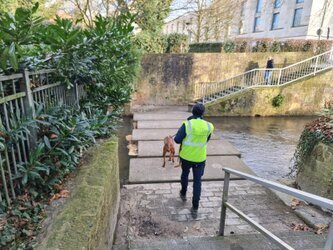 Flussquerung Das Suchteam läuft über Betonplatten welche über den Fluss Salze führen.