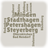 Wortwolke mit den Orten in denen wir vertreten sind. Dies sind Minden, Stadthagen, Petershagen, Steyerberg, Uchte, Obernkirchen, Bad Nendorf, Stolzenau, Lindthorst, rehburg, Leese, Loccum, Bückeburg und Rodenberg