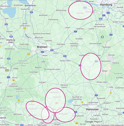 Karte Auf einer Landkarte sind sechs Gebiete eingekreist. In diesen Bereichen treffen sich die jeweiligen Trailgruppen.