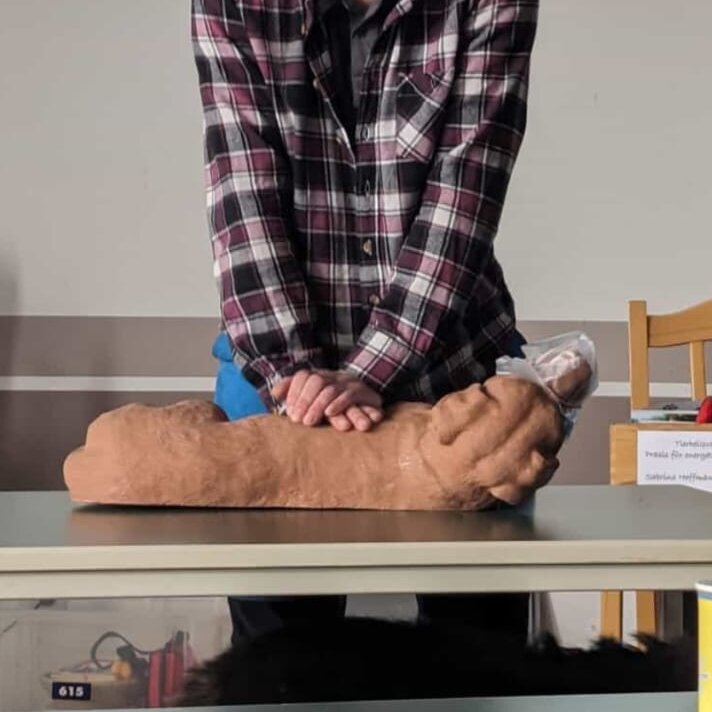 Ein Teilnehmer übt die Herzdruckmassage am dafür vorgesehenen Hunde-Dummy.